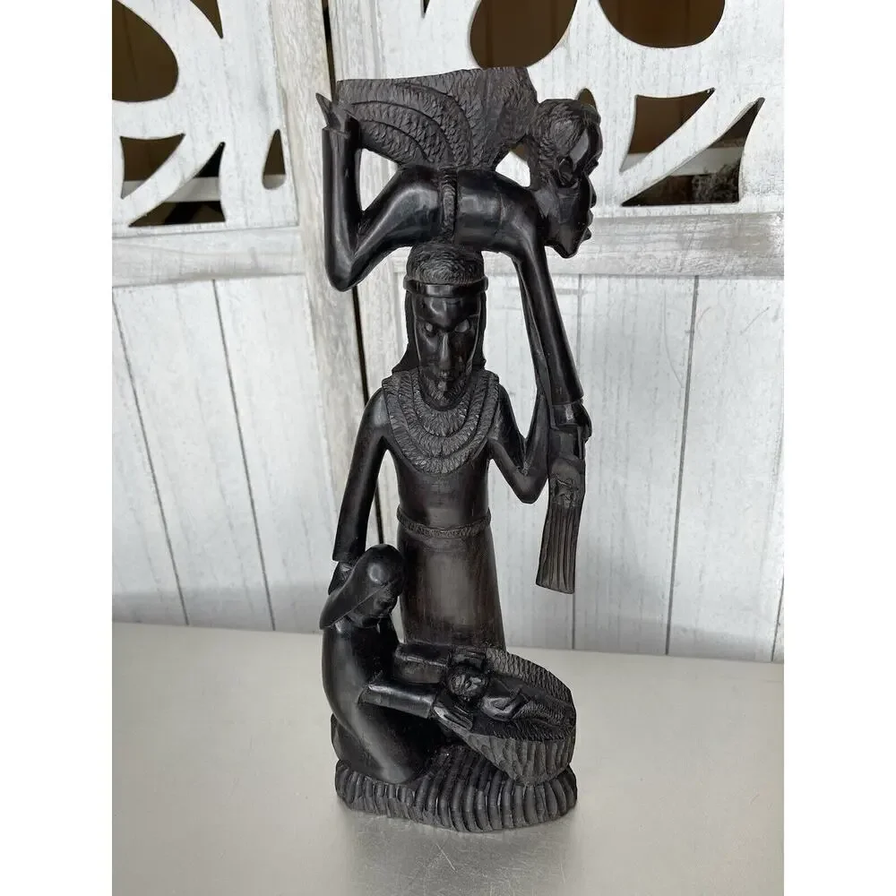 African Statue Ebony Wood Carved Family Of 4 Statue Tanzania 14.5in Mother Baby